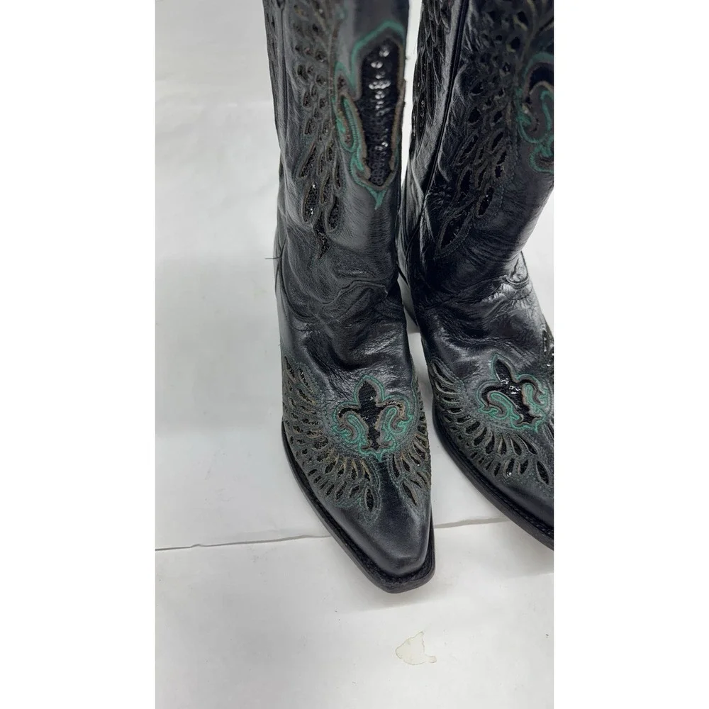 Corral Vintage Boots Women 9M Angel Wings Fleur De Lis Inlay Black Turquoise